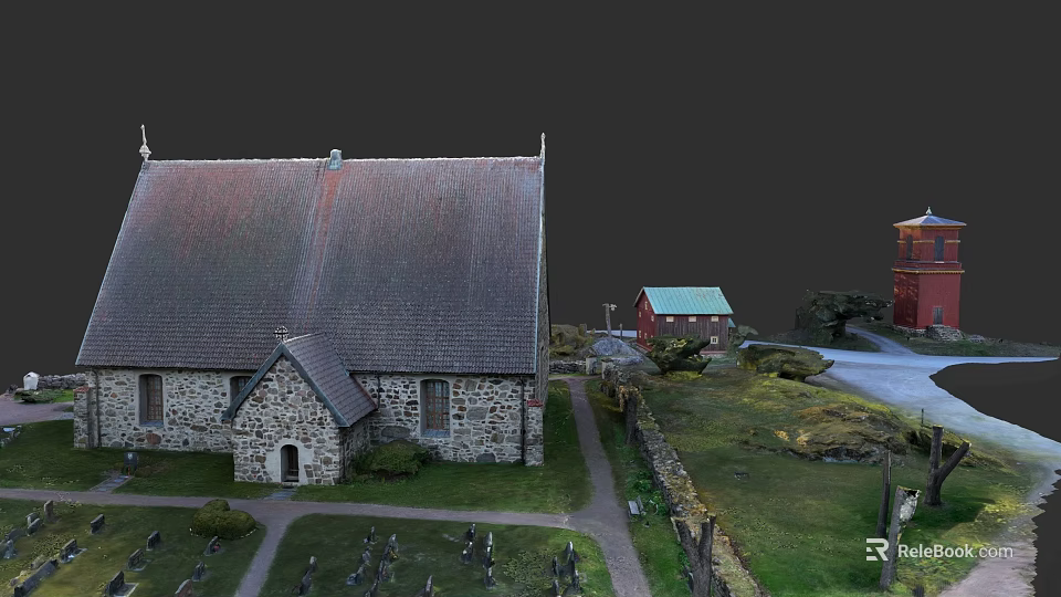 Urban Building Complex Showcasing Traditional Stone Church Small Houses And Green Lawns 3d model 