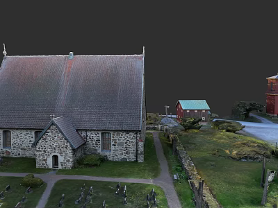 Urban Building Complex Showcasing Traditional Stone Church Small Houses And Green Lawns 3d model