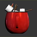 Red Mug With Hot Drink Topped With Marshmallows And Cinnamon Sticks