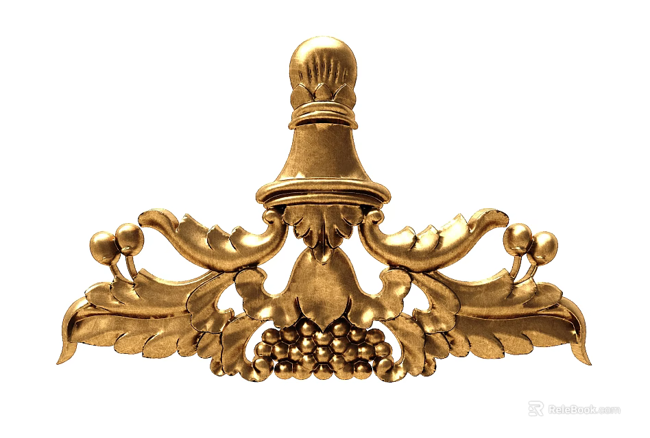 Intricate Golden Carved Ornament with Leaf Patterns Ornamental Balls and Grape Cluster 3d model 