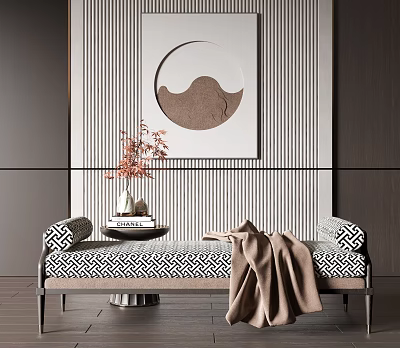 Ottoman with Geometric Cushions Brown Blanket Featuring Striped Wall Circular Art Table Vase and Books 3d model