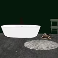 White Oval Bathtub in Wooden Floor Space with Green Wall Chair and Round Rug