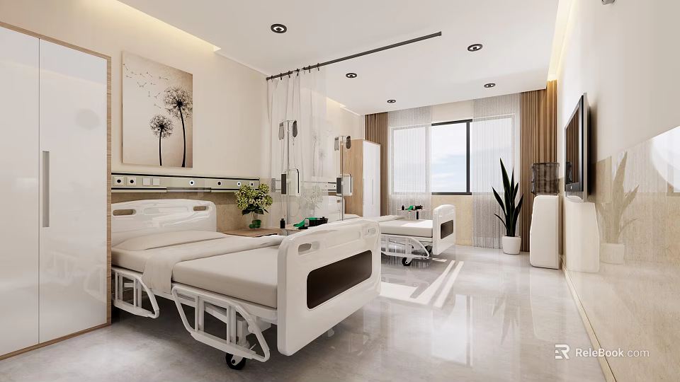 Modern Hospital Ward Interior With White Beds Medical Equipment And Plants 3d model 