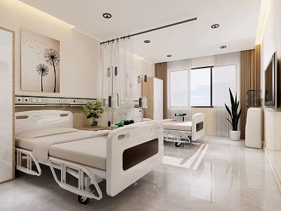 Modern Hospital Ward Interior With White Beds Medical Equipment And Plants 3d model
