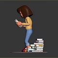 Woman Standing on Pile of Books Holding Open Book Surrounded by Colorful Books