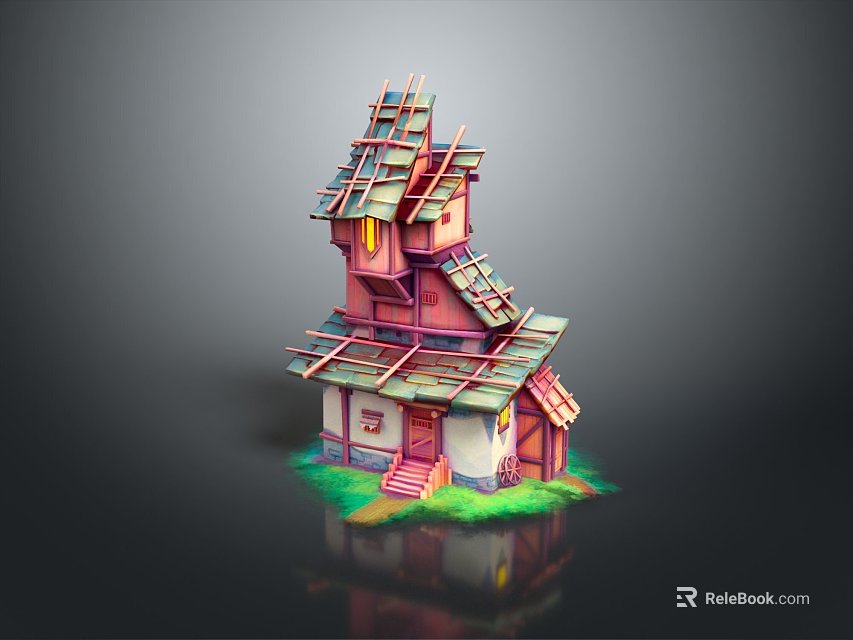 Cartoon Scene Of Colorful Multi Story House Sloped Roofs Pink White Walls Green Grass Staircase 3d model 