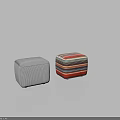 Two Square Fabric Ottoman Stools With Blue White And Colorful Striped Patterns 3d model