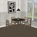 Round Wooden Dining Table With Four Rattan Chairs Modern Interior Pendant Light And Wall Art