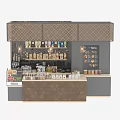 Commercial Bar Equipment Featuring Counter Shelves Drink Bottles Fruits Menu Board And Decorative Lights