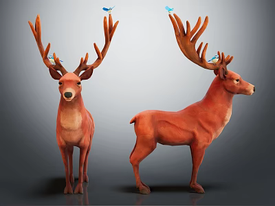Two Horned Reptile Models With Blue Birds On Their Heads In Gray Background 3d model