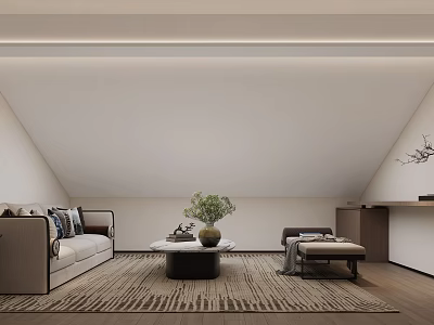 Minimalist Attic Living Room Interior With Sofa Rug And Green Plant 3d model