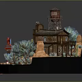 Vintage Decorative Miniature Scene With Old Water Tower Wooden Bridge Small Cabin And Green Plants