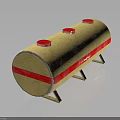 Yellow Cylindrical Storage Tank With Red Stripes And Three Red Lids On Metal Stand