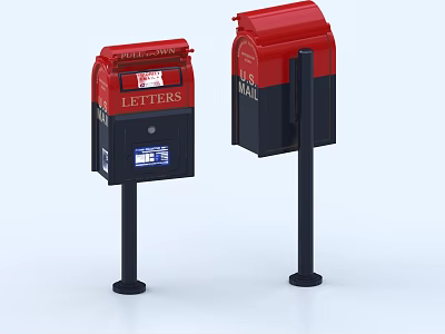 Red and Black Mailboxes with Letters Label and Standing Base Design 3d model