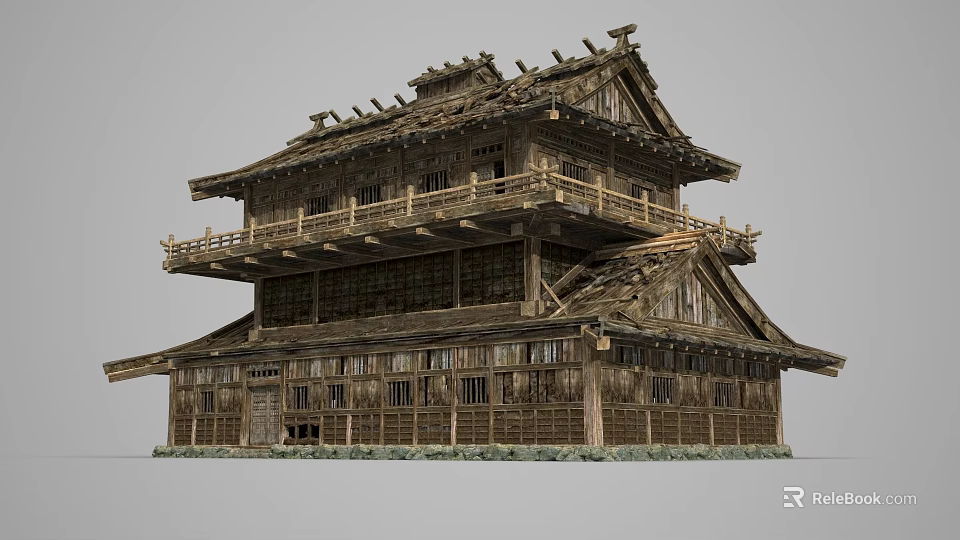 Traditional Ancient Wooden Building With Two Story Structure Railings And Overhanging Eaves 3d model 