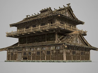 Traditional Ancient Wooden Building With Two Story Structure Railings And Overhanging Eaves 3d model