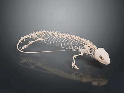 Detailed Complete Reptile Skeleton Resembling Lizard On Dark Background With Reflection 3d model