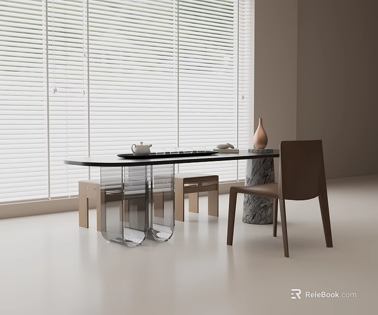 Elegant Modern Tea Table And Chairs With Window Blinds Vase And Tea Set 3d model 