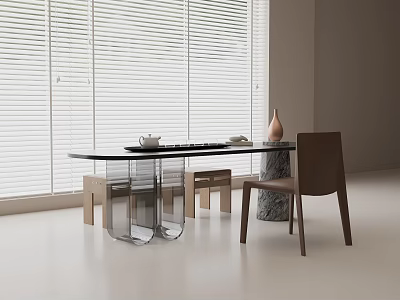 Elegant Modern Tea Table And Chairs With Window Blinds Vase And Tea Set 3d model