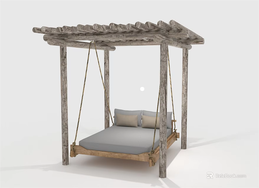 Rustic Outdoor Hammock With Wooden Canopy Frame And Comfortable Mattress Pillows 3d model 
