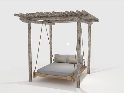Rustic Outdoor Hammock With Wooden Canopy Frame And Comfortable Mattress Pillows 3d model