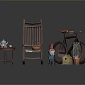 Rustic Rocking Chair Bicycle And Small Table With Tea Set Basket Gnome Potted Plant Birdhouse