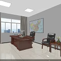 Professional Office Interior with Wooden Desk Office Chair Bookshelves Potted Plant Window and City View
