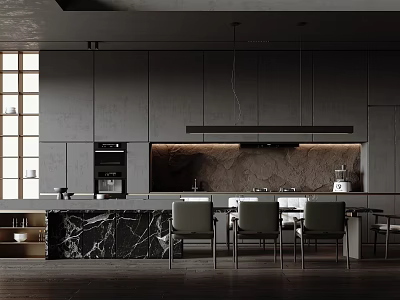 Modern Restaurant Interior With Black Cabinets Marble Island And Dining Chairs 3d model