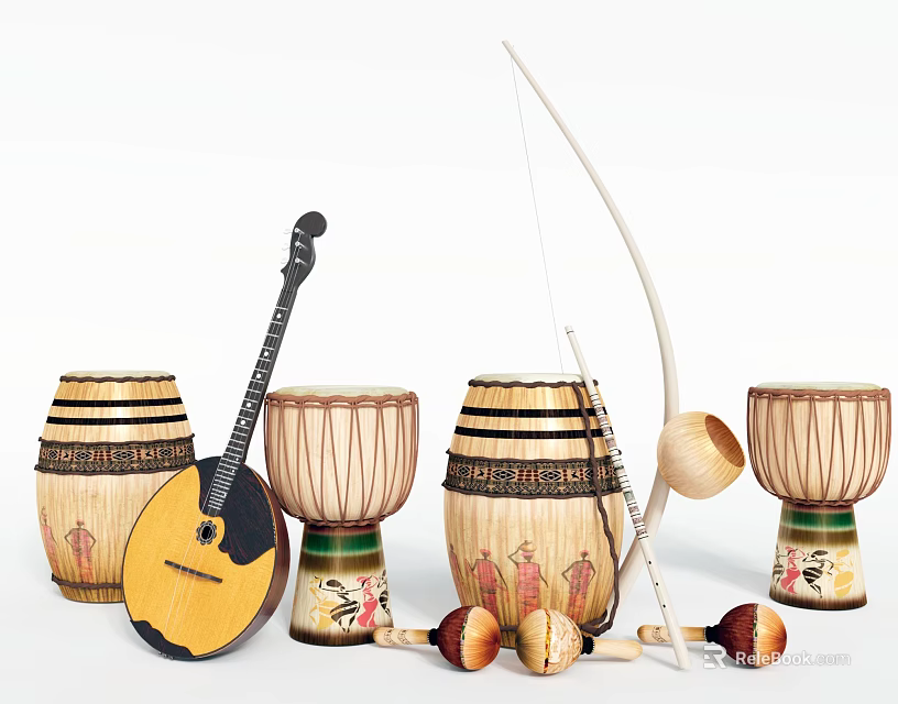 Assorted Musical Instruments and Art Supplies with Guitar Drums Brushes and Paints 3d model 