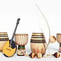 Assorted Musical Instruments and Art Supplies with Guitar Drums Brushes and Paints 3d model