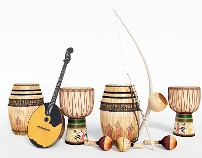 Assorted Musical Instruments and Art Supplies with Guitar Drums Brushes and Paints 3d model