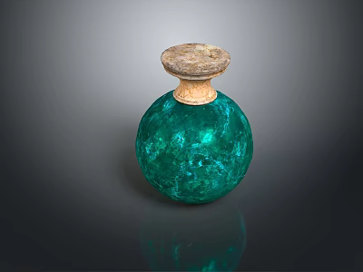Woman Holding Green Glass Sphere Bottle With Wooden Lid On Dark Background 3d model