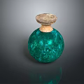Woman Holding Green Glass Sphere Bottle With Wooden Lid On Dark Background