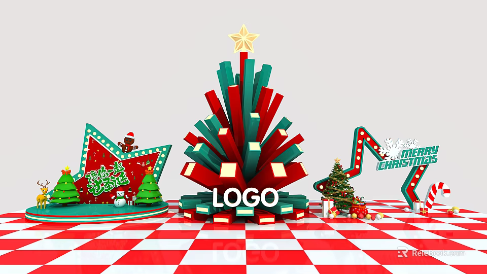Festive Christmas Tree Decoration With Red Green Colors Star Top Logo And Gifts 3d model 
