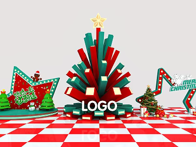 Festive Christmas Tree Decoration With Red Green Colors Star Top Logo And Gifts 3d model
