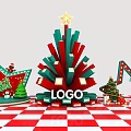 Festive Christmas Tree Decoration With Red Green Colors Star Top Logo And Gifts