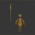 Red Haired Mythical Female Character In Yellow Outfit With Golden Crown And Golden Trident