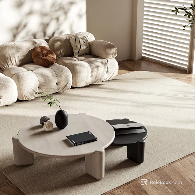 Modern Round Wooden Coffee Table In Living Room With Sofa Rug And Decorative Vase 3d model 