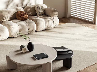 Modern Round Wooden Coffee Table In Living Room With Sofa Rug And Decorative Vase 3d model