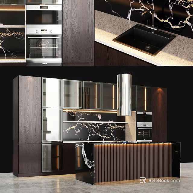 Modern Kitchen Cabinets With Glass Doors Dark Wood And Marble Countertop 3d model 