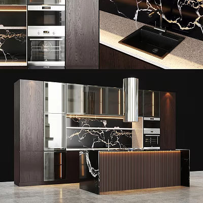 Modern Kitchen Cabinets With Glass Doors Dark Wood And Marble Countertop 3d model