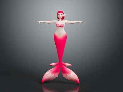 Vibrant Mermaid With Red Hair Pink Tail And Bikini Top On Gray Background 3d model
