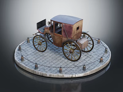Vintage Horse Drawn Carriage With Wooden Roof And Ornate Wheels On Stone Paved Platform 3d model