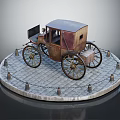 Vintage Horse Drawn Carriage With Wooden Roof And Ornate Wheels On Stone Paved Platform