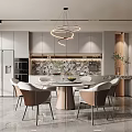 Modern Restaurant Interior With Round Dining Table Chairs Marble Backsplash And Hanging Pendant Lights 3d model