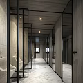 Modern Public Toilet Interior Design With Marble Washbasin Double Mirrors And Recessed Lighting