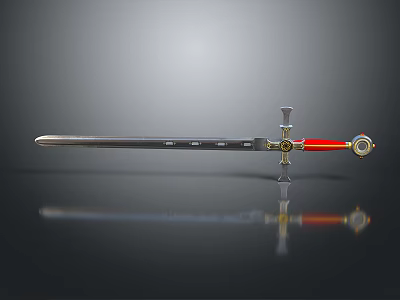 Medieval Sword With Metallic Blade Red Handle And Golden Cross Guard On Black Background 3d model