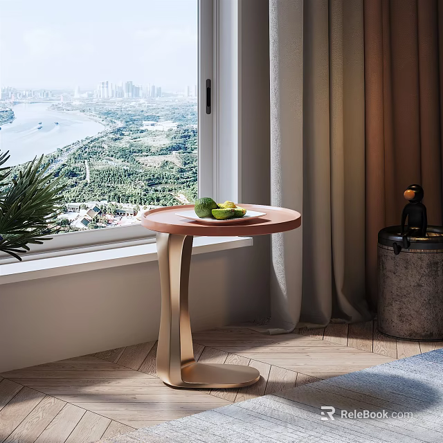 Modern Round Side Table By Window With Green Fruits City View And Wooden Floor 3d model 
