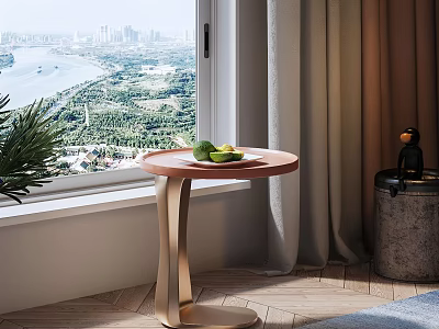 Modern Round Side Table By Window With Green Fruits City View And Wooden Floor 3d model