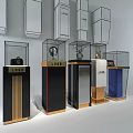 Modern Display Cabinets With Glass Doors And Colorful Metal Bases For Retail Products